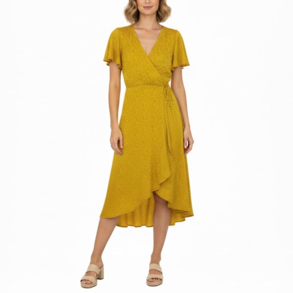Francesca's Sienna Sky Mustard Yellow Polka Dot V-Neck Dress Casual Sun Dress XS